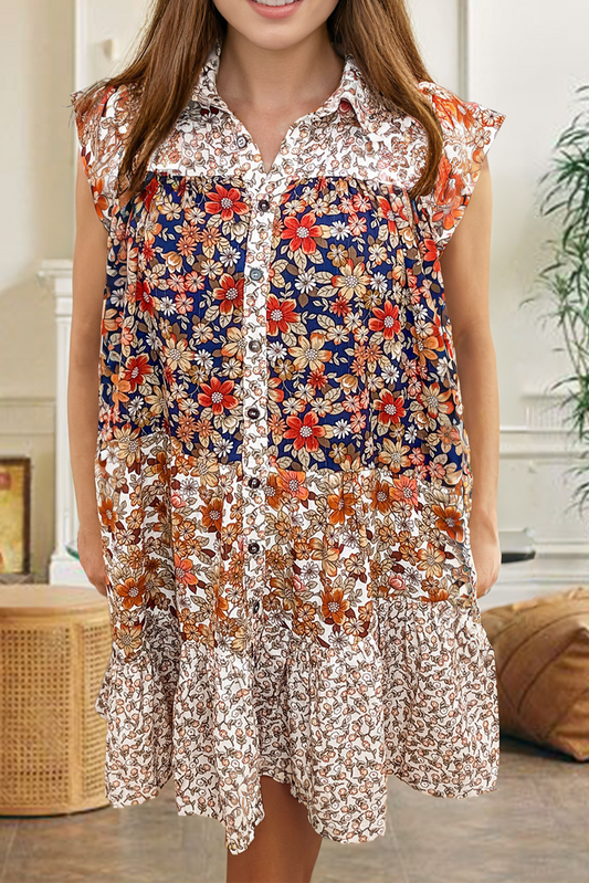 Beige Floral Patchwork Button Front Collared Mini Dress