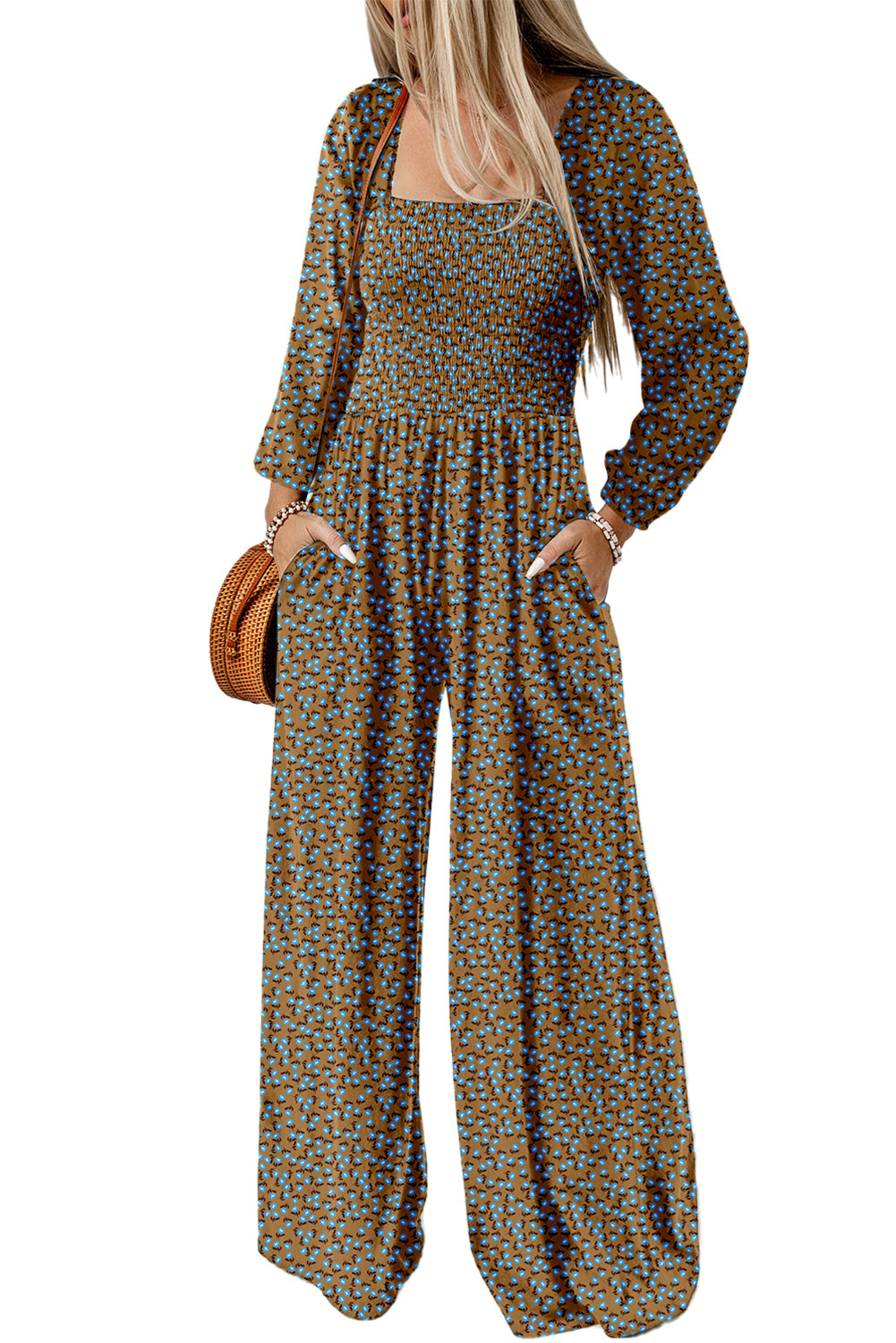 Brown Floral Print Western Smocked Bodice Square Neck Wide Leg Jumpsuit (Extended Sizes)