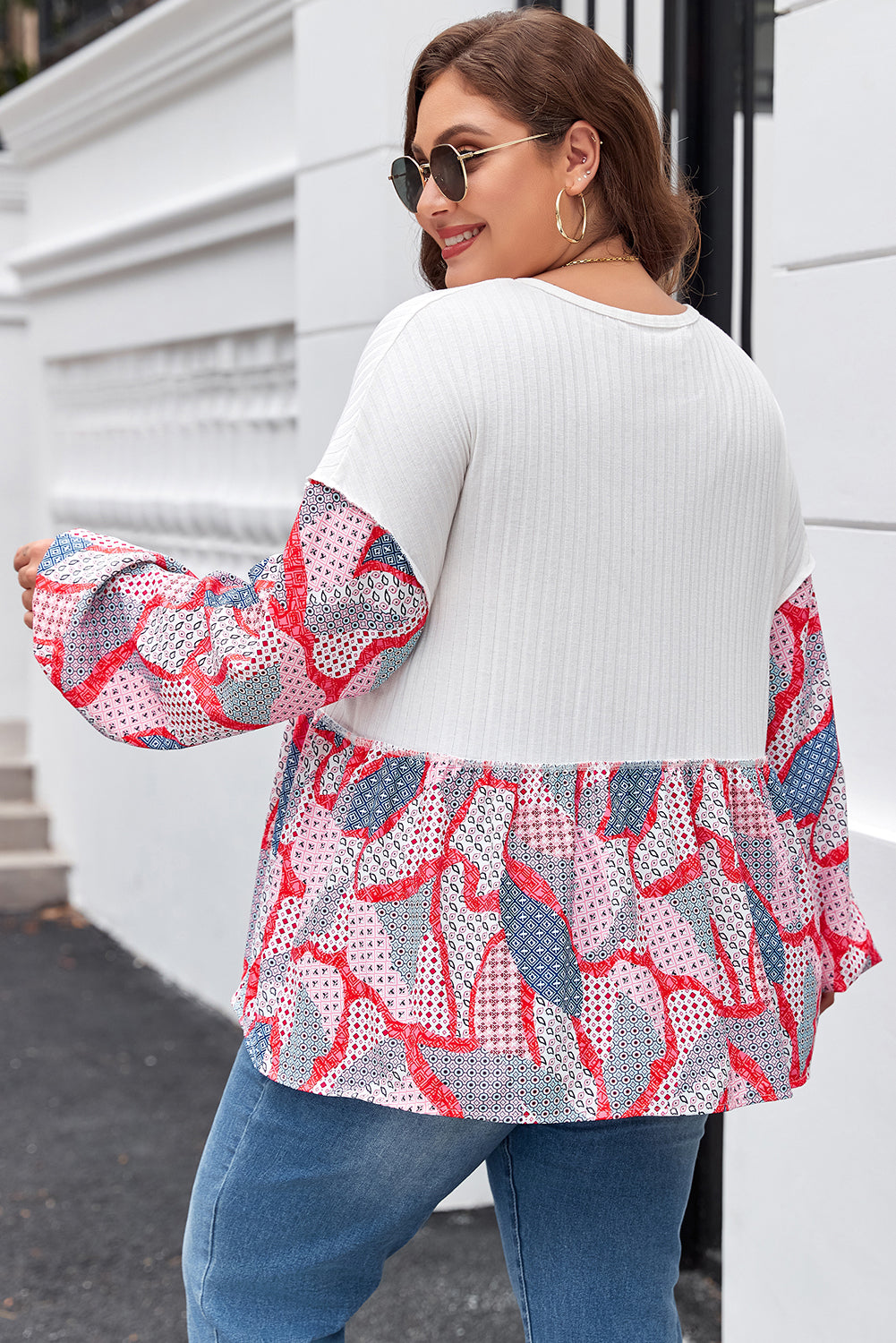 Apricot Printed Patchwork Textured Buttoned Blouse