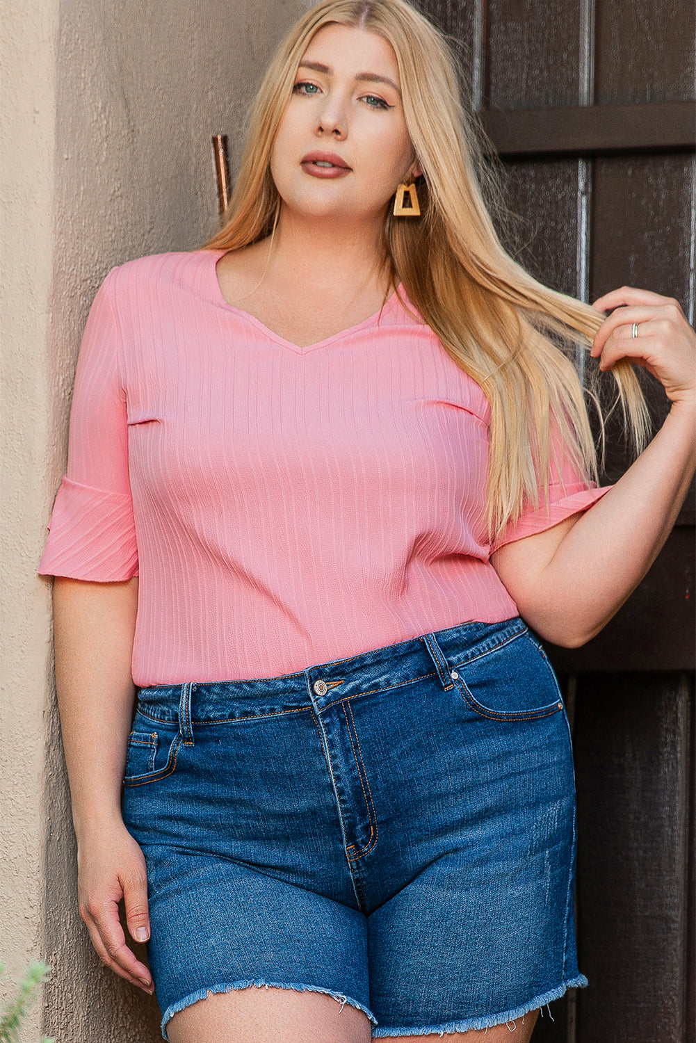 Peach Blossom Ruffled Half Sleeve V Neck Textured Top