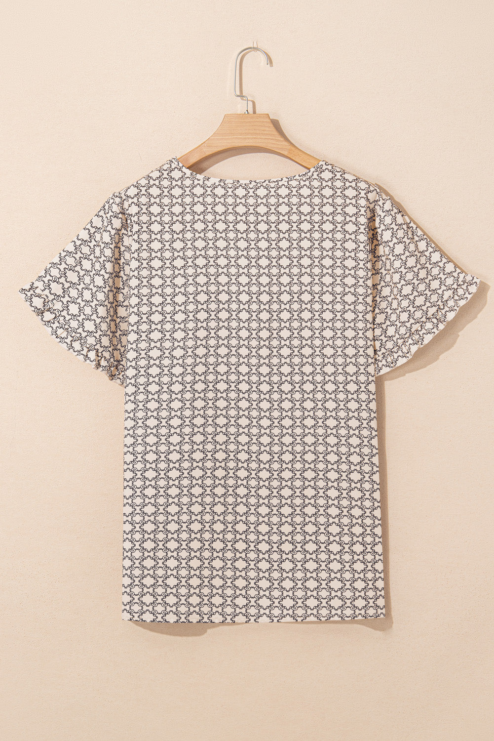 Khaki Geometric Print Ruffled Sleeve Blouse