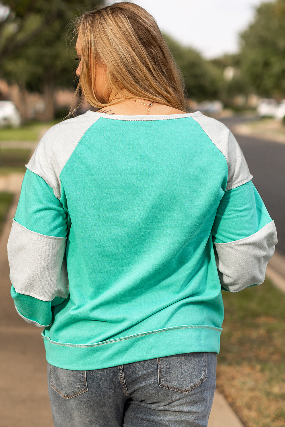 Aruba Blue Colorblock Patchwork Cross Seam Sweatshirt