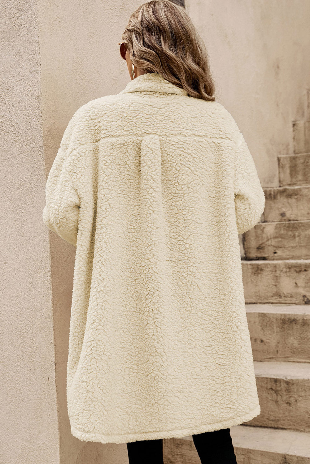 Beige Contrast Flap Pocket Single Breasted Teddy Coat (Extended Sizes)