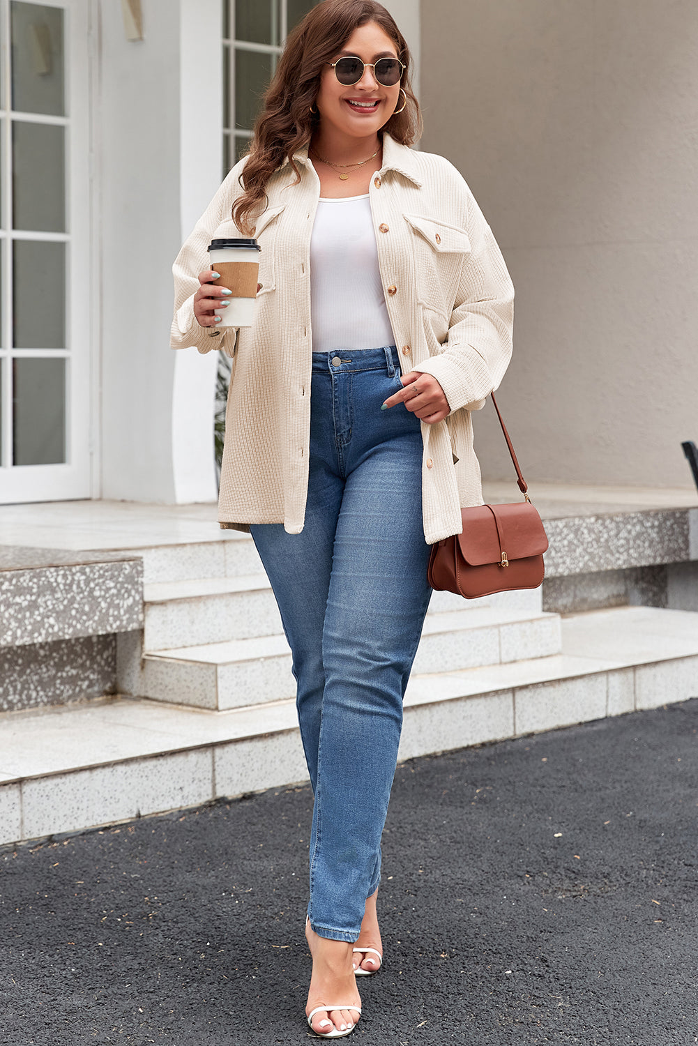 Oatmeal Textured Flap Pockets Buttoned Shacket
