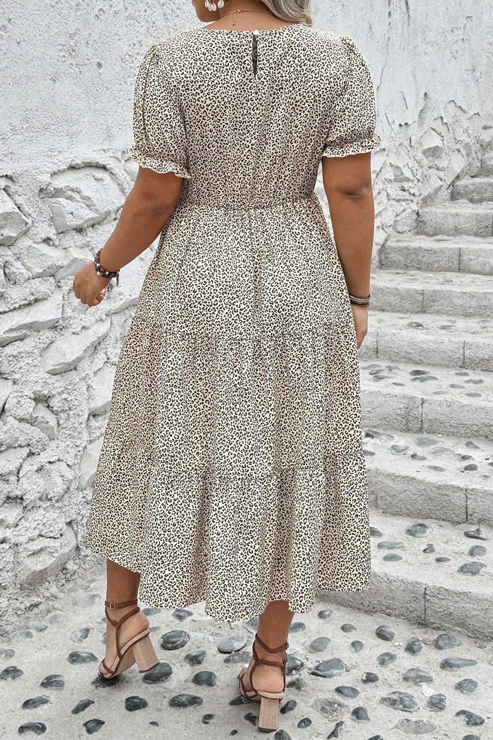 Beige Leopard Print Frill Trim Short Sleeve Flared Dress