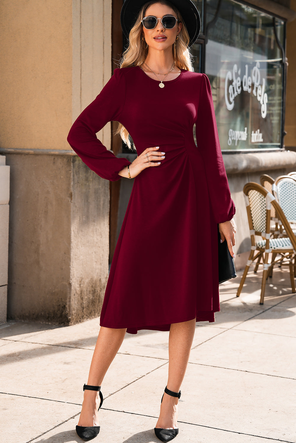 Burgundy Solid Color Ruched Detail Long Sleeve Midi Dress (Extended Sizes)