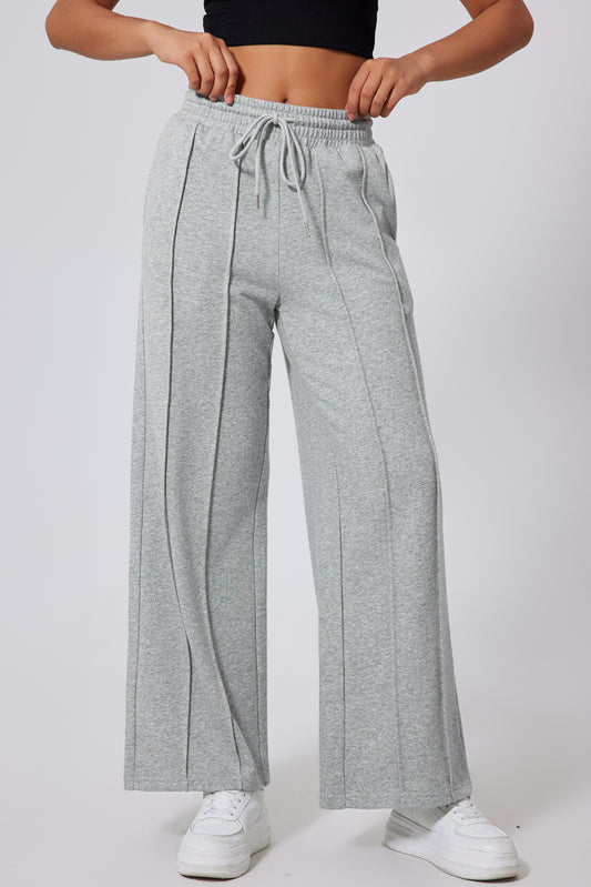 Gray Seamed Drawstring High Waist Wide Leg Sweatpants (Extended Sizes)