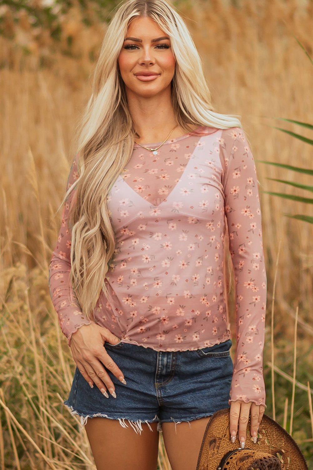 Vintage Floral Print Southern Style Mesh Long Sleeve Top (Other Colors)