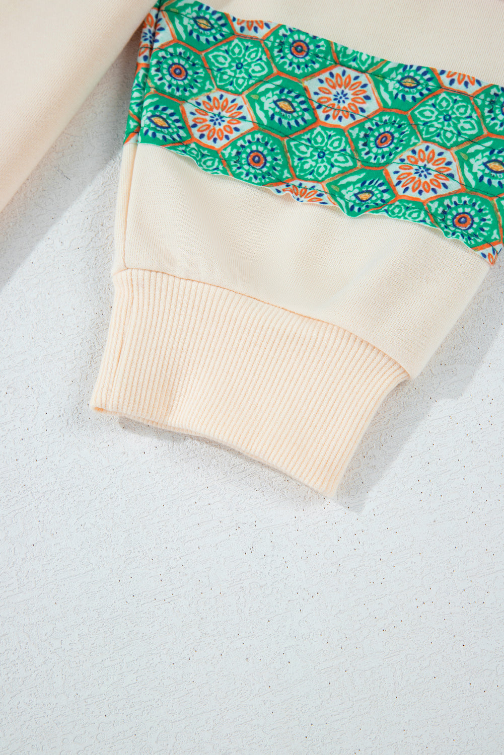 Beige Printed Patchwork Sleeve Split Sweatshirt