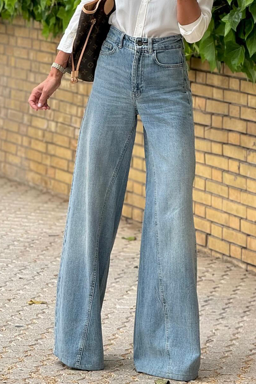 Dusk Blue Acid Wash Extra Wide Leg High Waist Long Jeans (Extended Sizes)