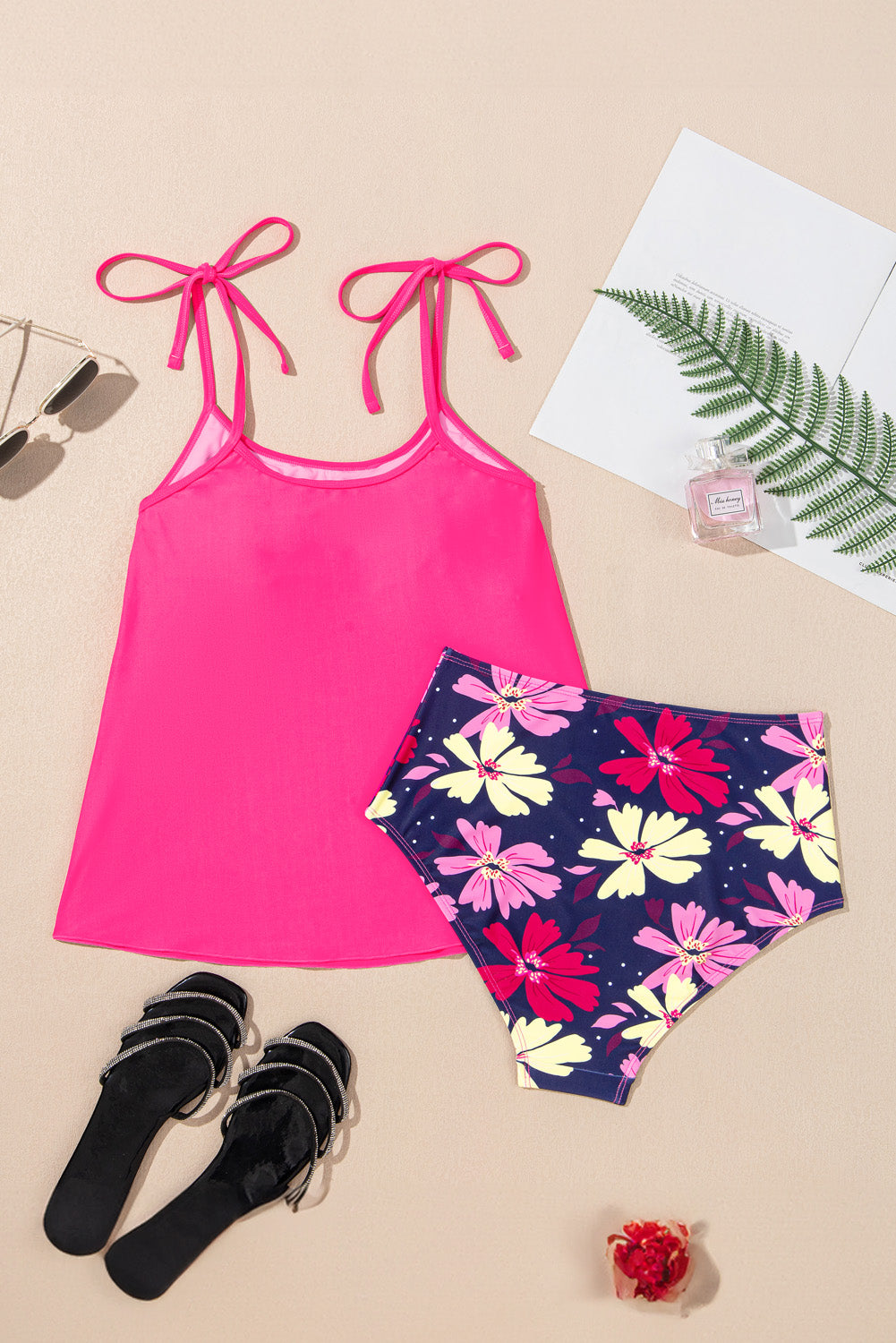 Rose Red Tie Shoulder Floral Print Cute Tankini Set (Extended Sizes)