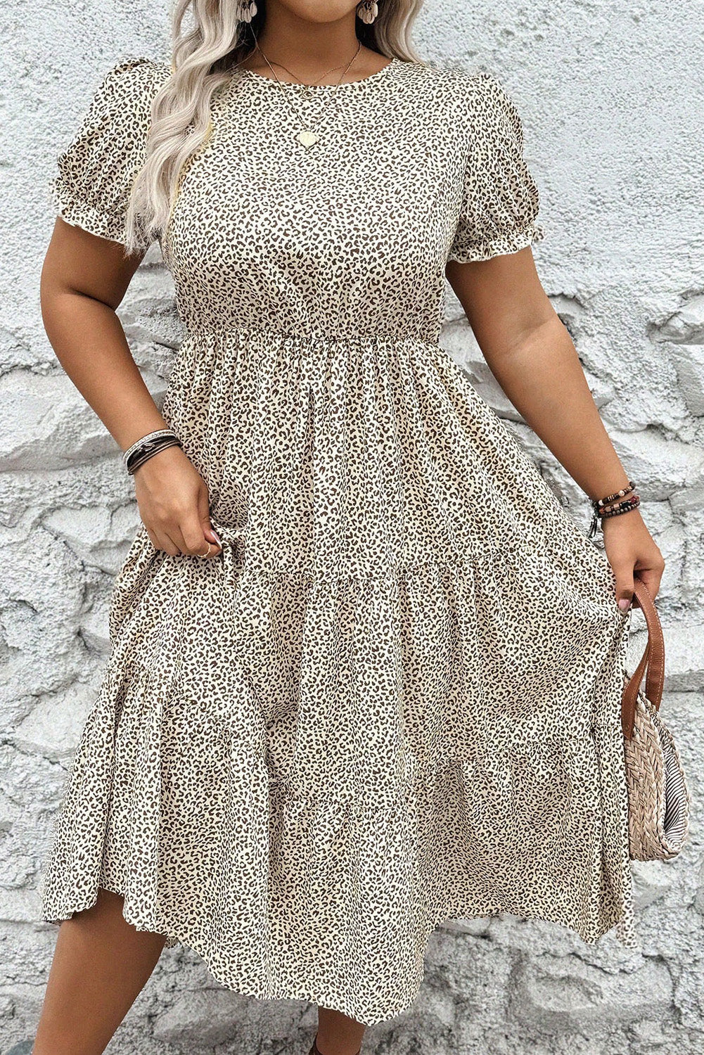 Beige Leopard Print Frill Trim Short Sleeve Flared Dress