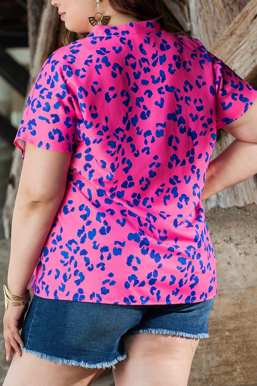 Rose Contrast Leopard Print V Neck Blouse