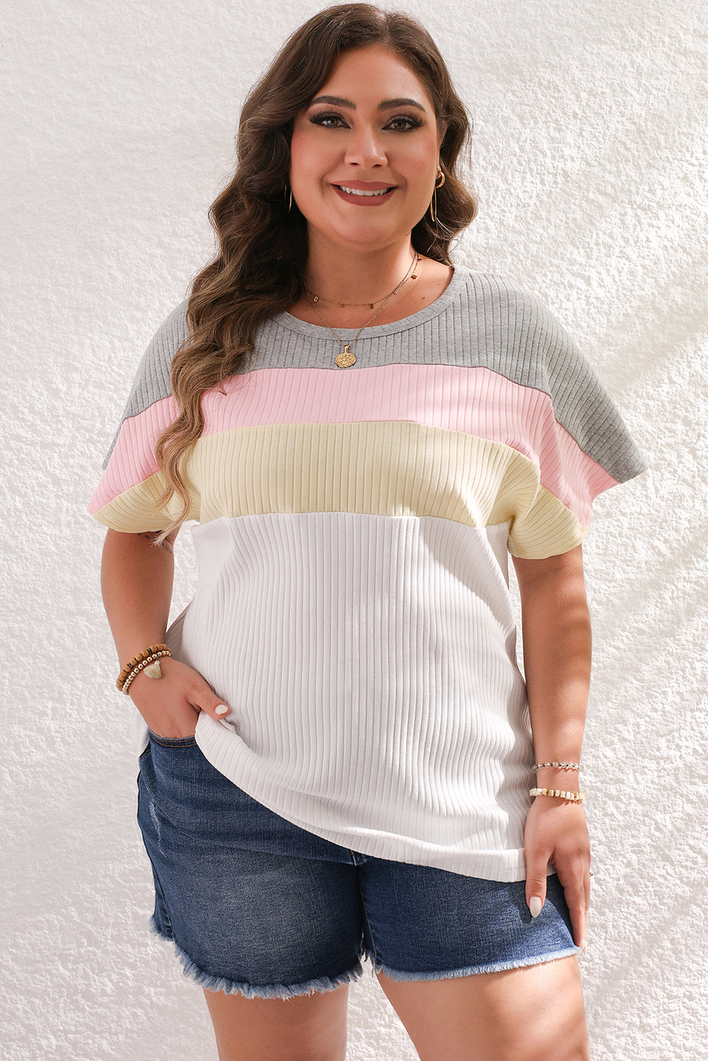 White Colorblock Patchwork Batwing Sleeve Ribbed T Shirt