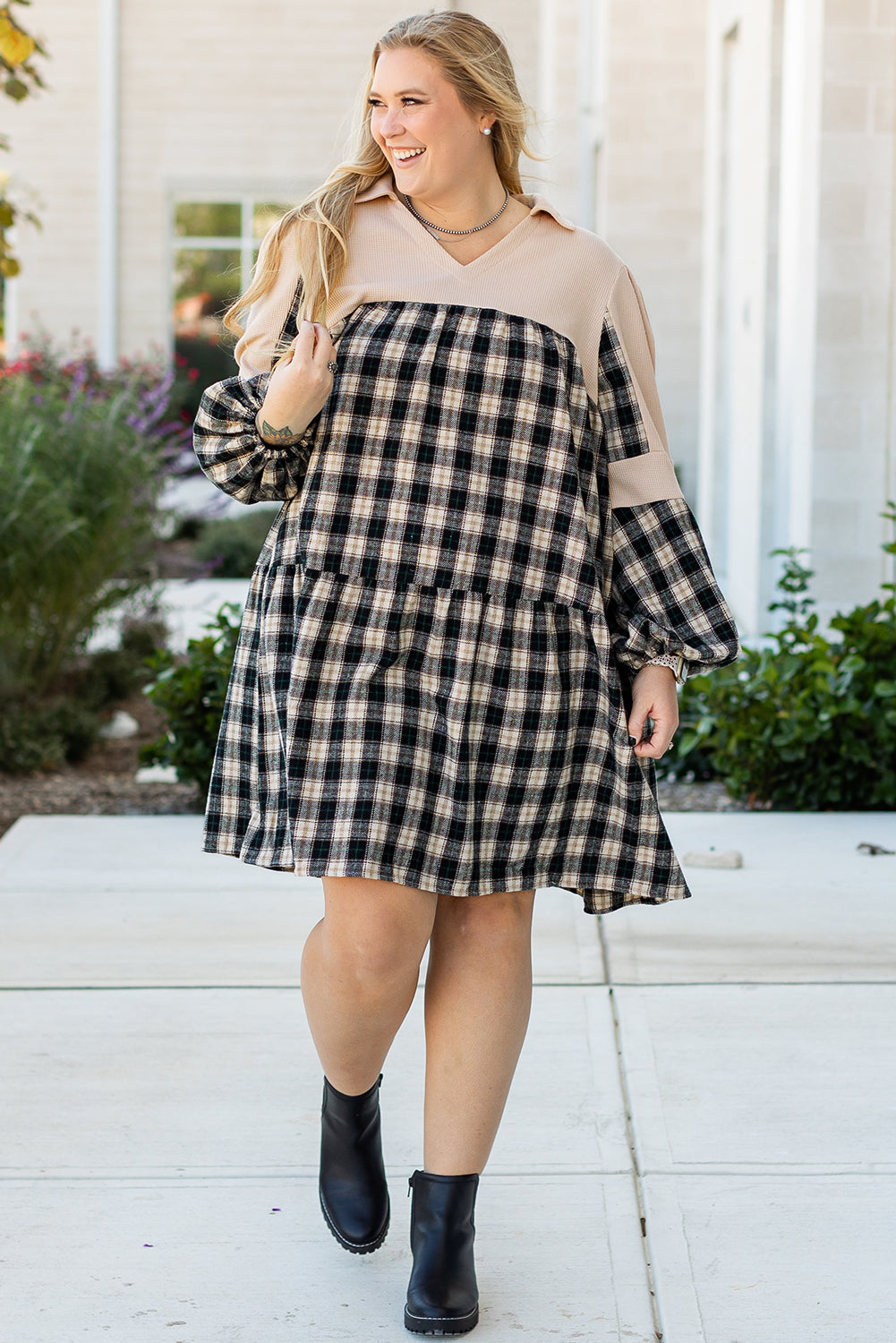 Black Plaid Waffle Knit Patchwork Collared V Neck Mini Dress