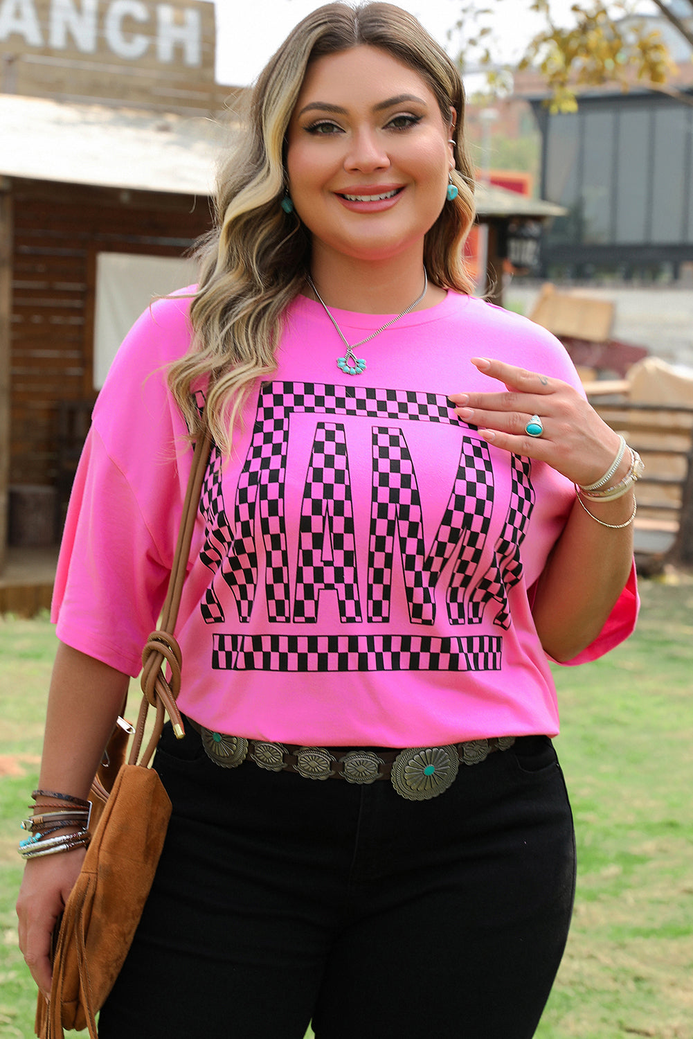 Bright Pink Checker MAMA Letter Printed Graphic T-Shirt