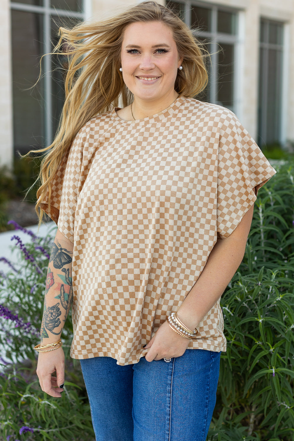 Khaki Checkerboard Short Batwing Sleeve Round Neck T Shirt