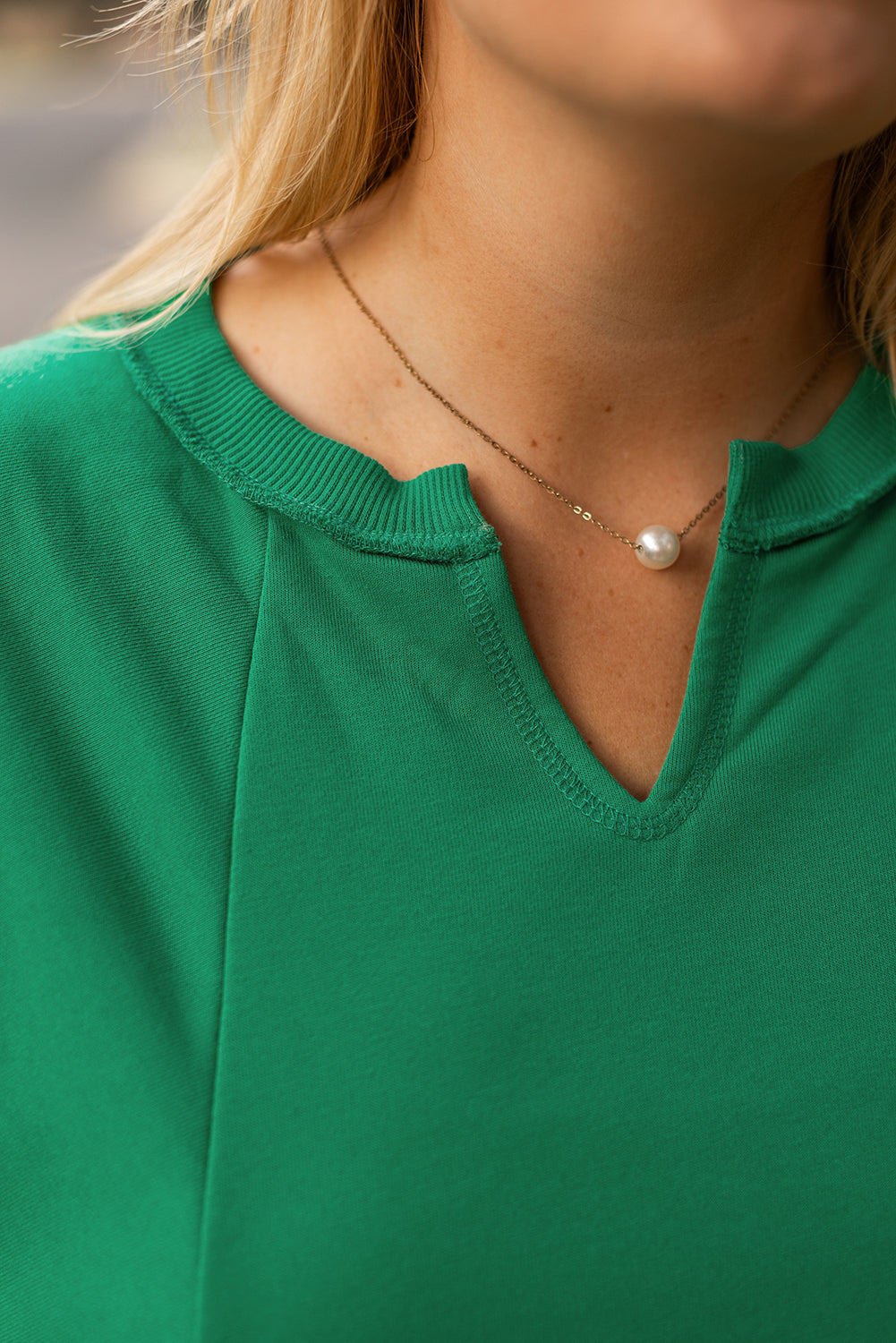 Bright Green Exposed Seam Notched Neck Drop Shoulder Sweatshirt