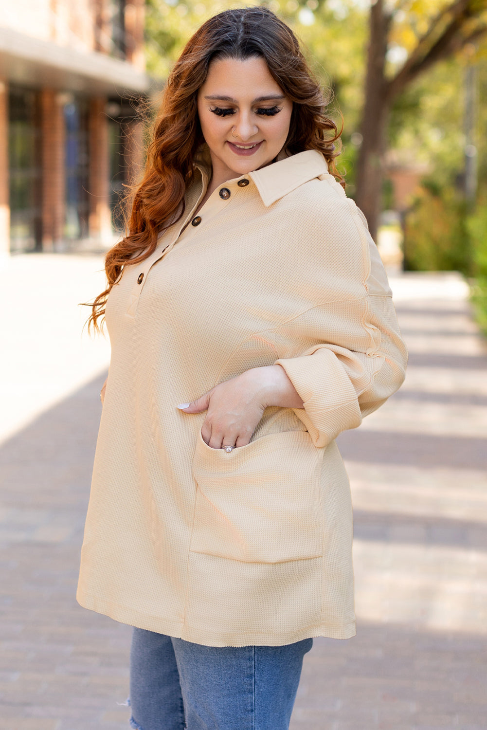 Jet Stream Thermal Waffle Knit Henley Tunic Top