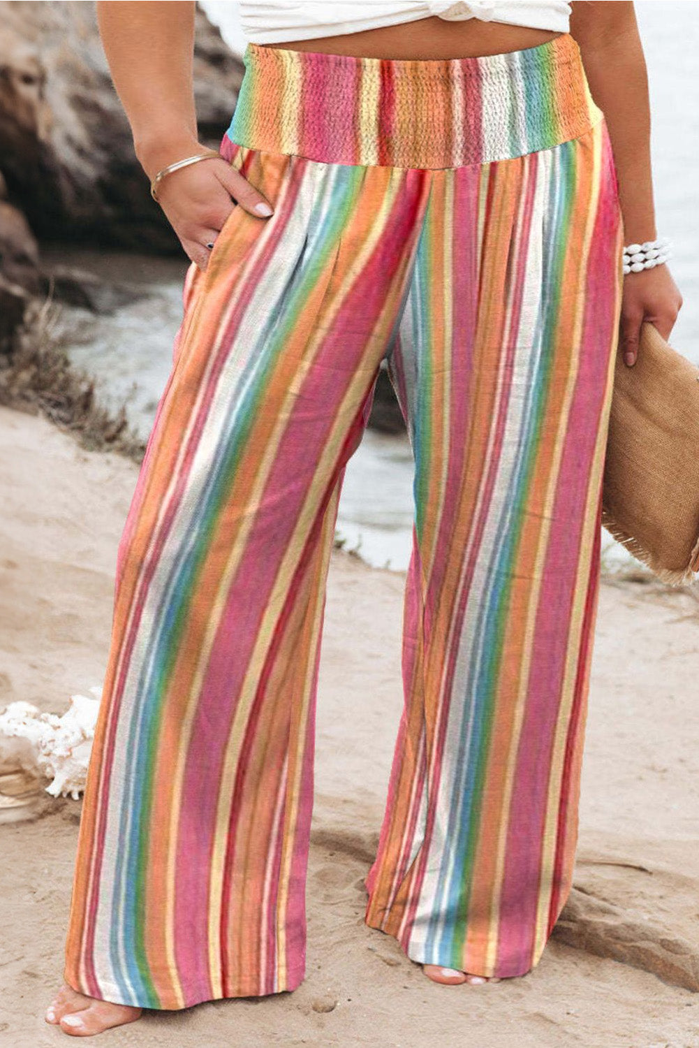 Orange Stripe Boho Smocked Waist Loose Pants