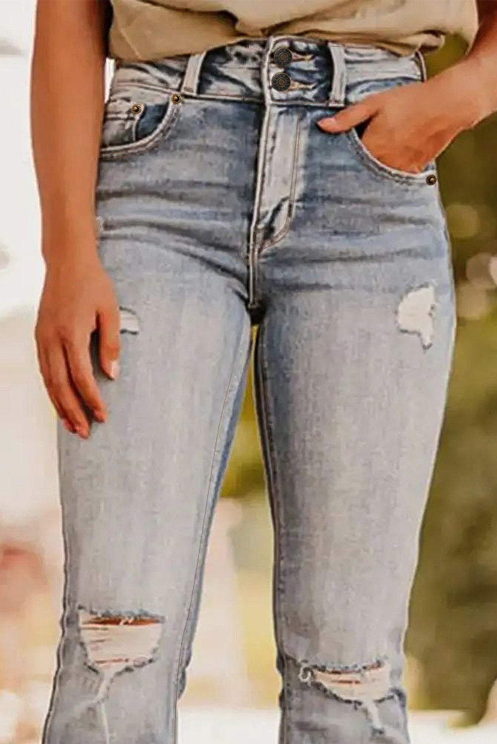 Dusk Blue Vintage Light Wash Ripped Raw Edge Flare Jeans (Extended Sizes)