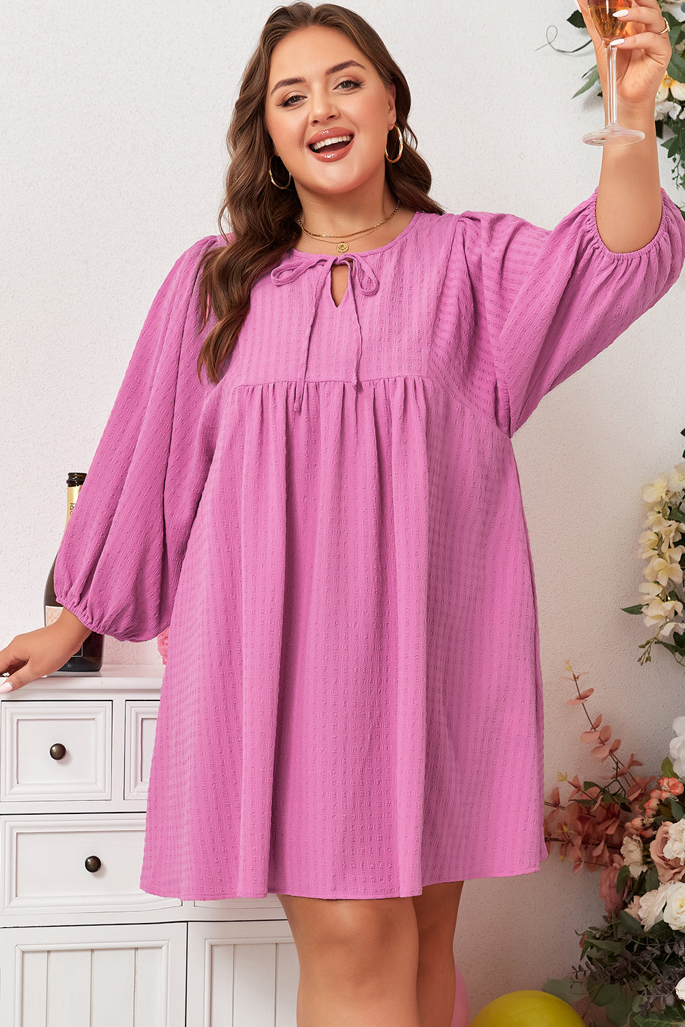 Sachet Pink Textured Tie Split Neck Puff Sleeve Flowy Mini Dress