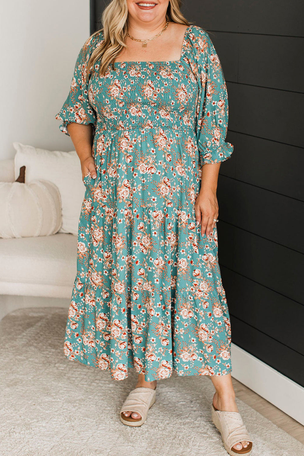 Green Floral Print Square Neck Smocked Maxi Dress