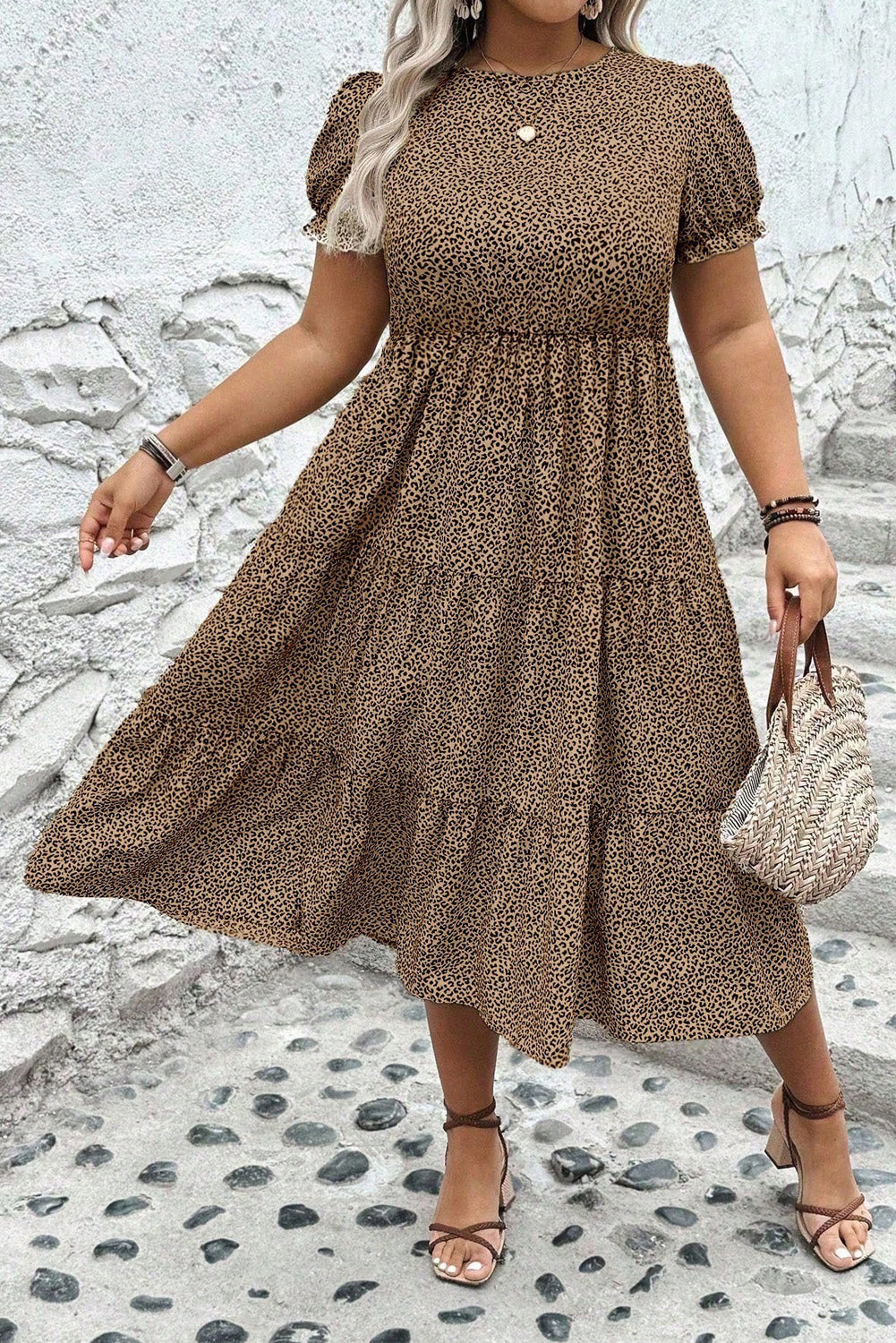 Brown Leopard Print Frill Trim Short Sleeve Flared Dress