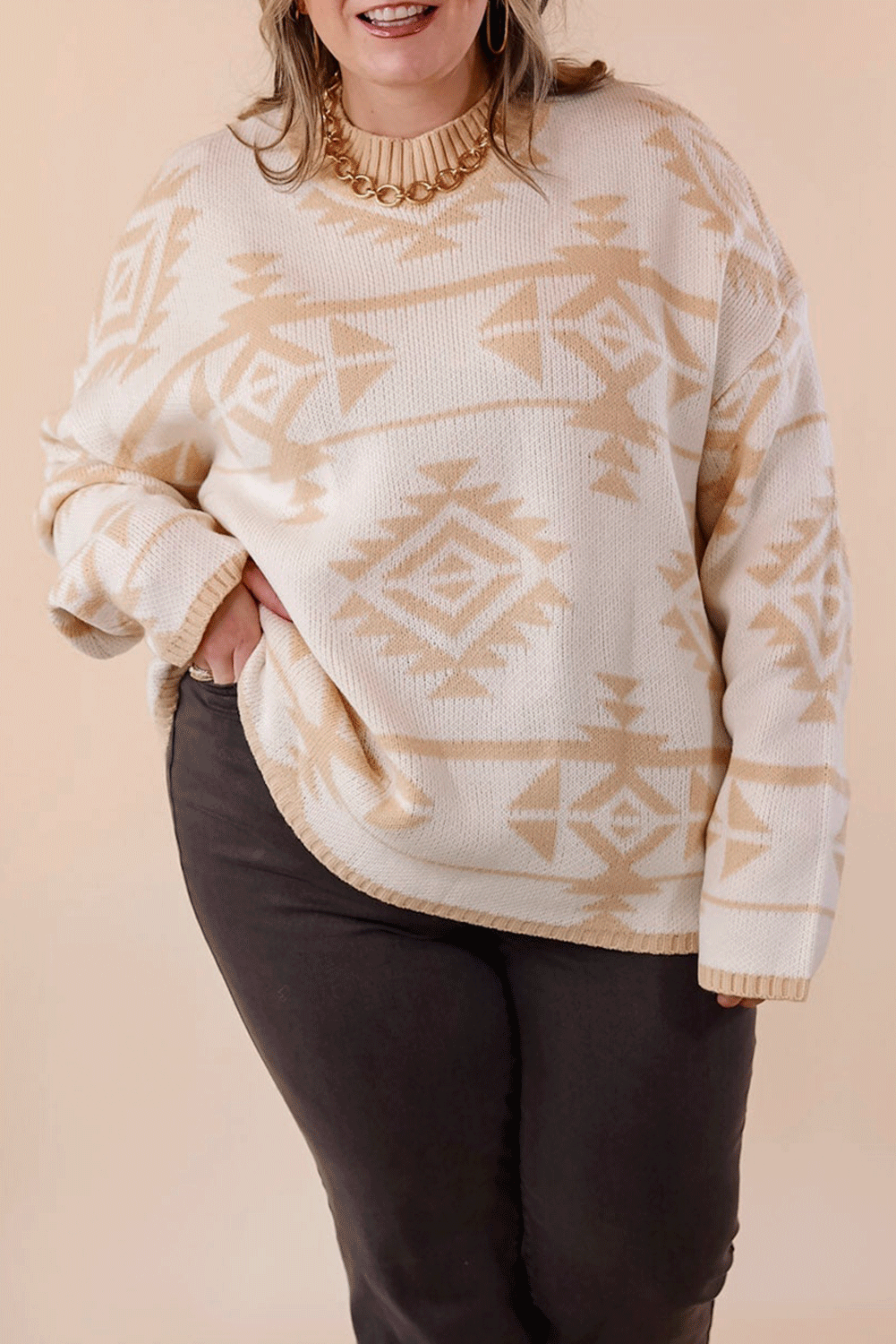 Apricot Western Aztec Print Loose Sweater