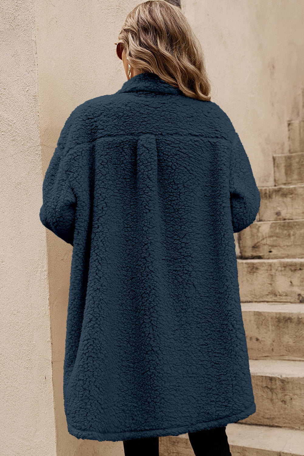 Blue Contrast Flap Pocket Single Breasted Teddy Coat (Extended Sizes)