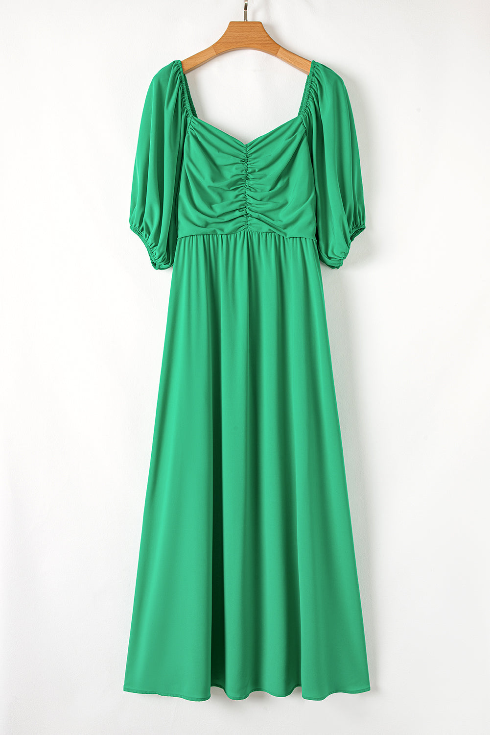 Bright Green Ruched Front Puff Sleeve Long Dress
