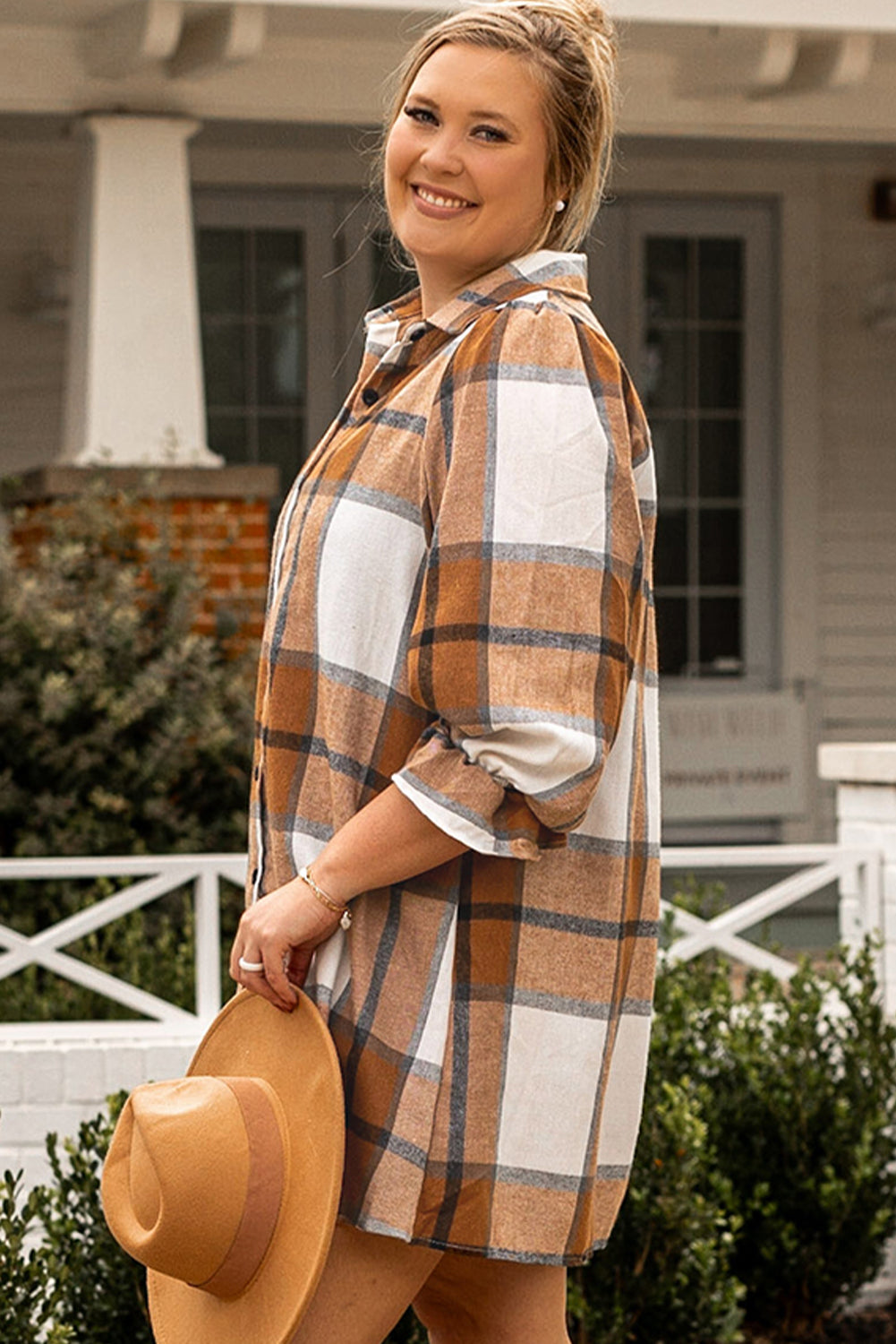 Khaki Plaid Flounce Sleeve Button up Shirt Dress