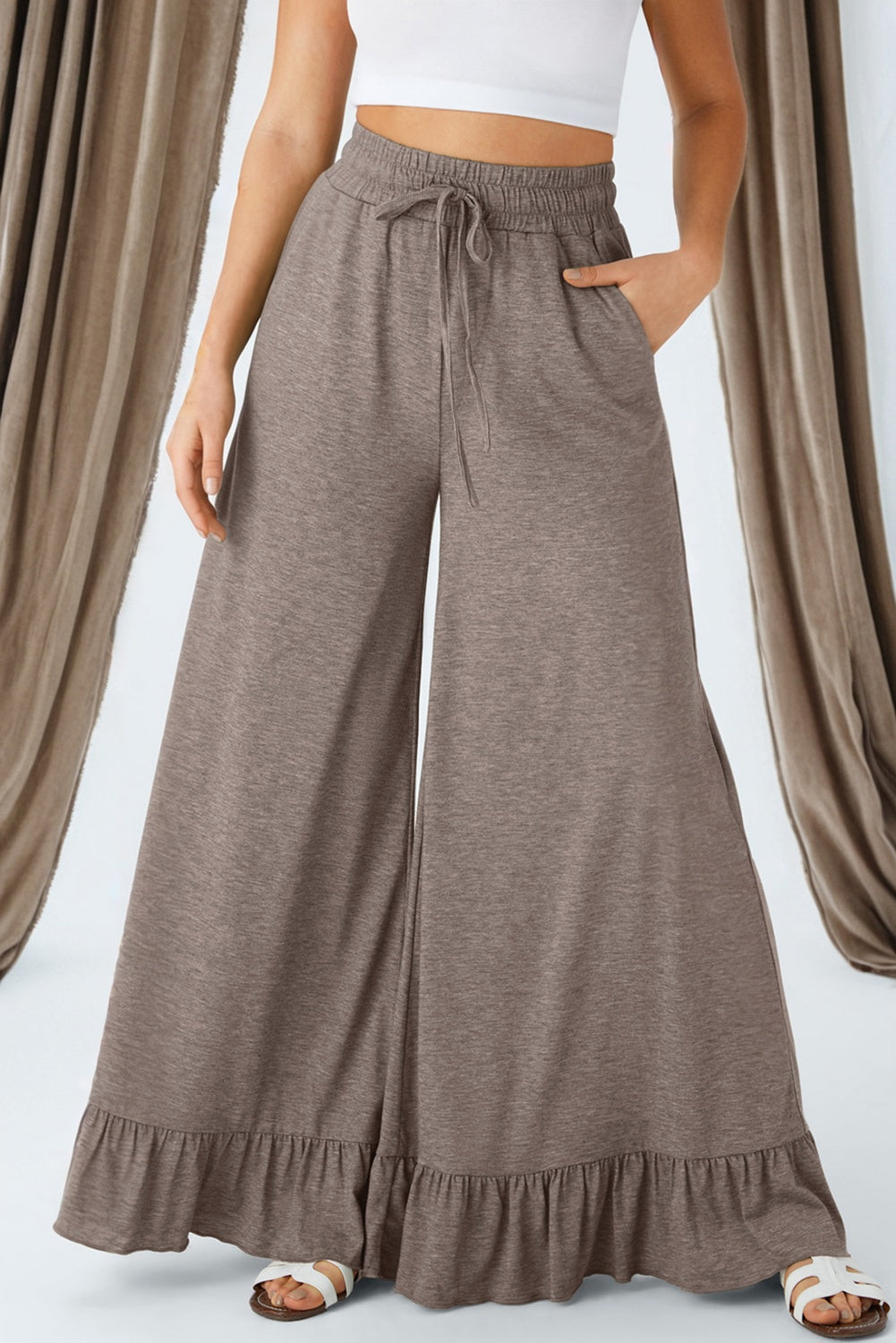 Ruffled Wide Leg Pull On High Waist Pants with Pockets (Other Colors)(Extended Sizes)