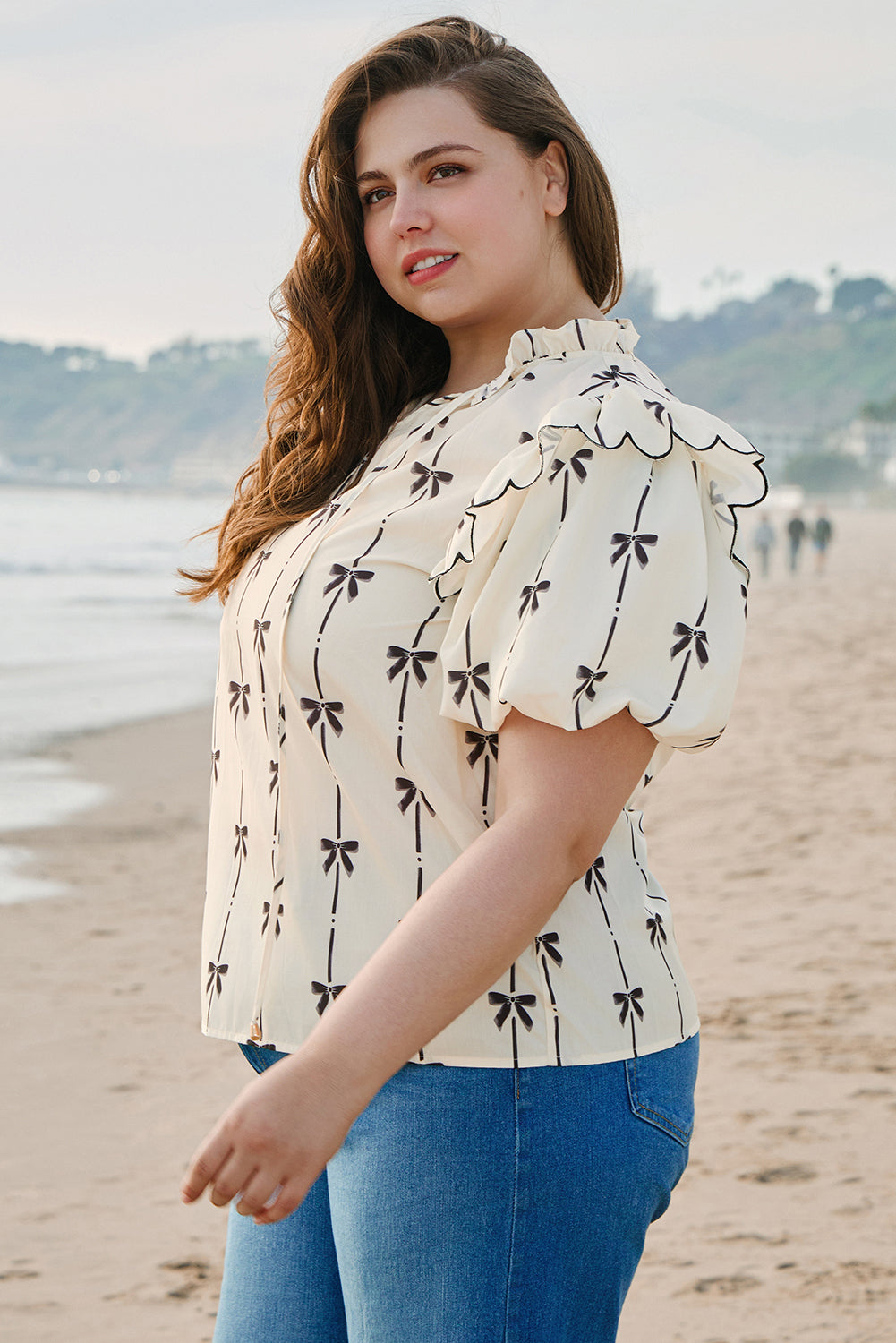 Apricot Bow Printed Ruffled Bubble Sleeve Lace-up Notched Neck Blouse