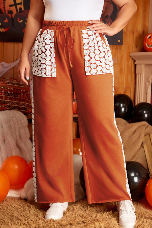 Gold Flame Floral Crochet Patch Drawstring Wide Leg Pants