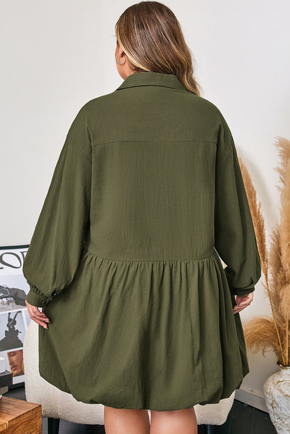 Four Leaf Clover Collar Half Button Long Sleeve Ruffle Hem Mini Dress