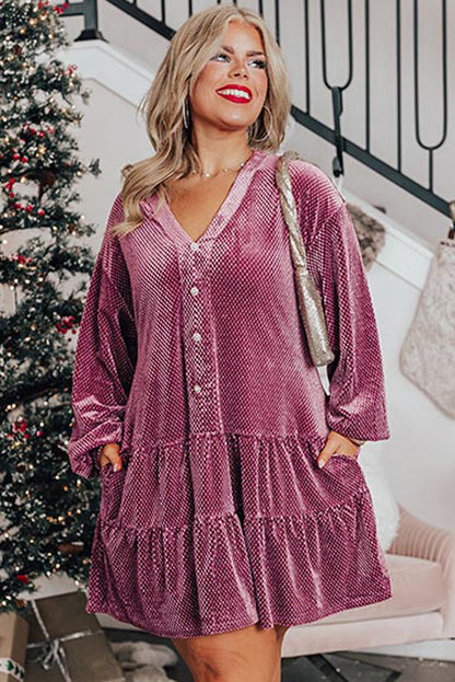 Meadow Mauve Textured Velvet Tiered Buttons Tiered Dress
