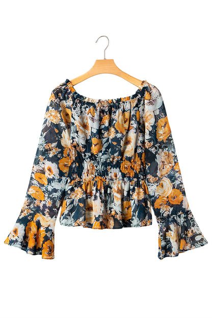 Floral Off Shoulder Bell Sleeve Smocked Peplum Top
