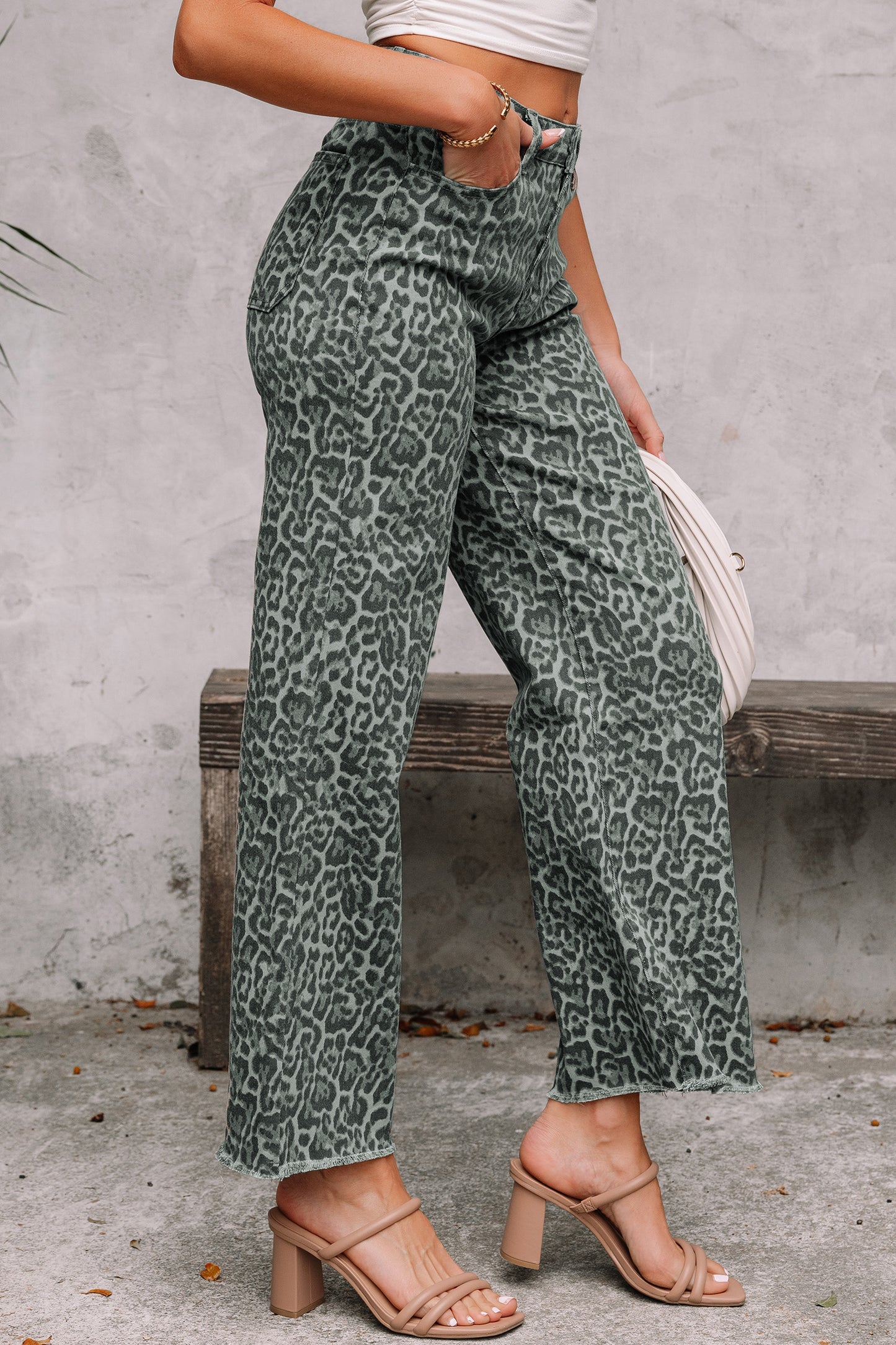 Leopard Frayed Edge Wide Leg High Waist Jeans (Other Colors)