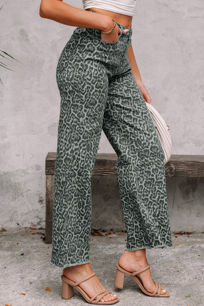 Leopard Frayed Edge Wide Leg High Waist Jeans (Other Colors)