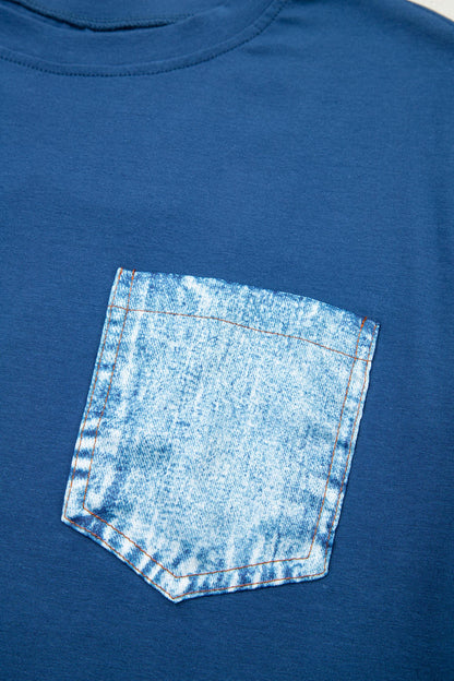 Color Block Chest Pocket Patched Casual Short Sleeve Top (Other Color)