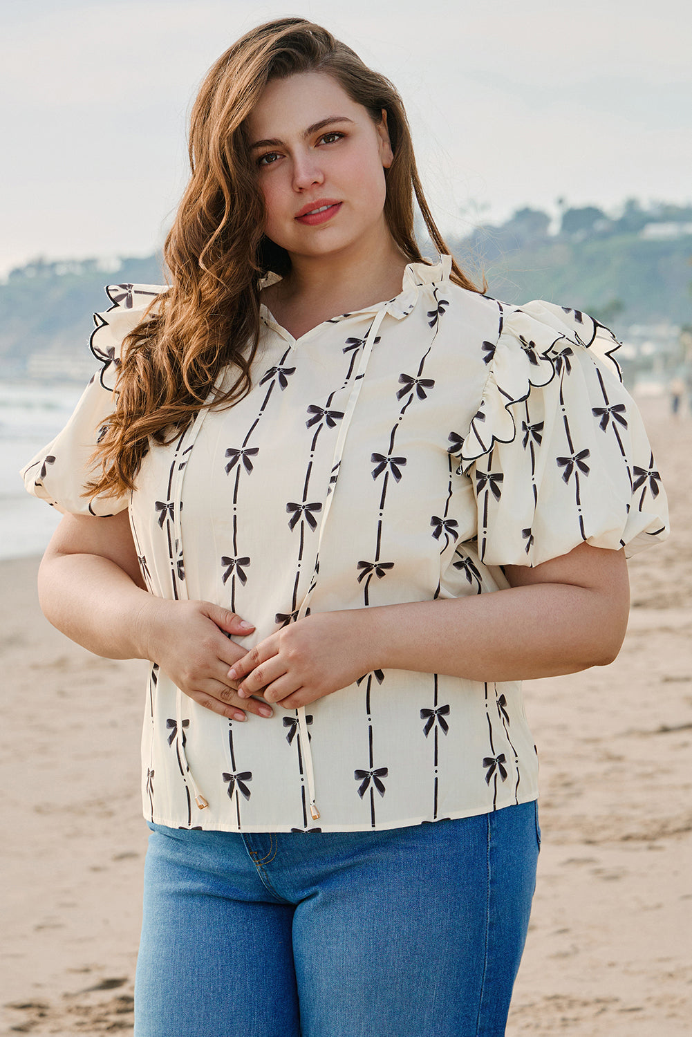 Apricot Bow Printed Ruffled Bubble Sleeve Lace-up Notched Neck Blouse