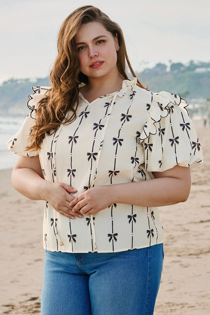 Apricot Bow Printed Ruffled Bubble Sleeve Lace-up Notched Neck Blouse