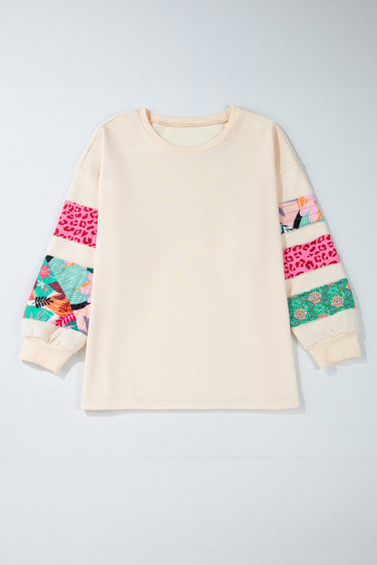 Beige Printed Patchwork Sleeve Split Sweatshirt