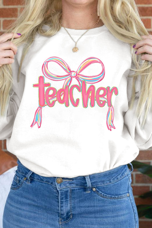 White Teacher Bow PNG Graphic Pullover Sweatshirt (Extended Sizes)