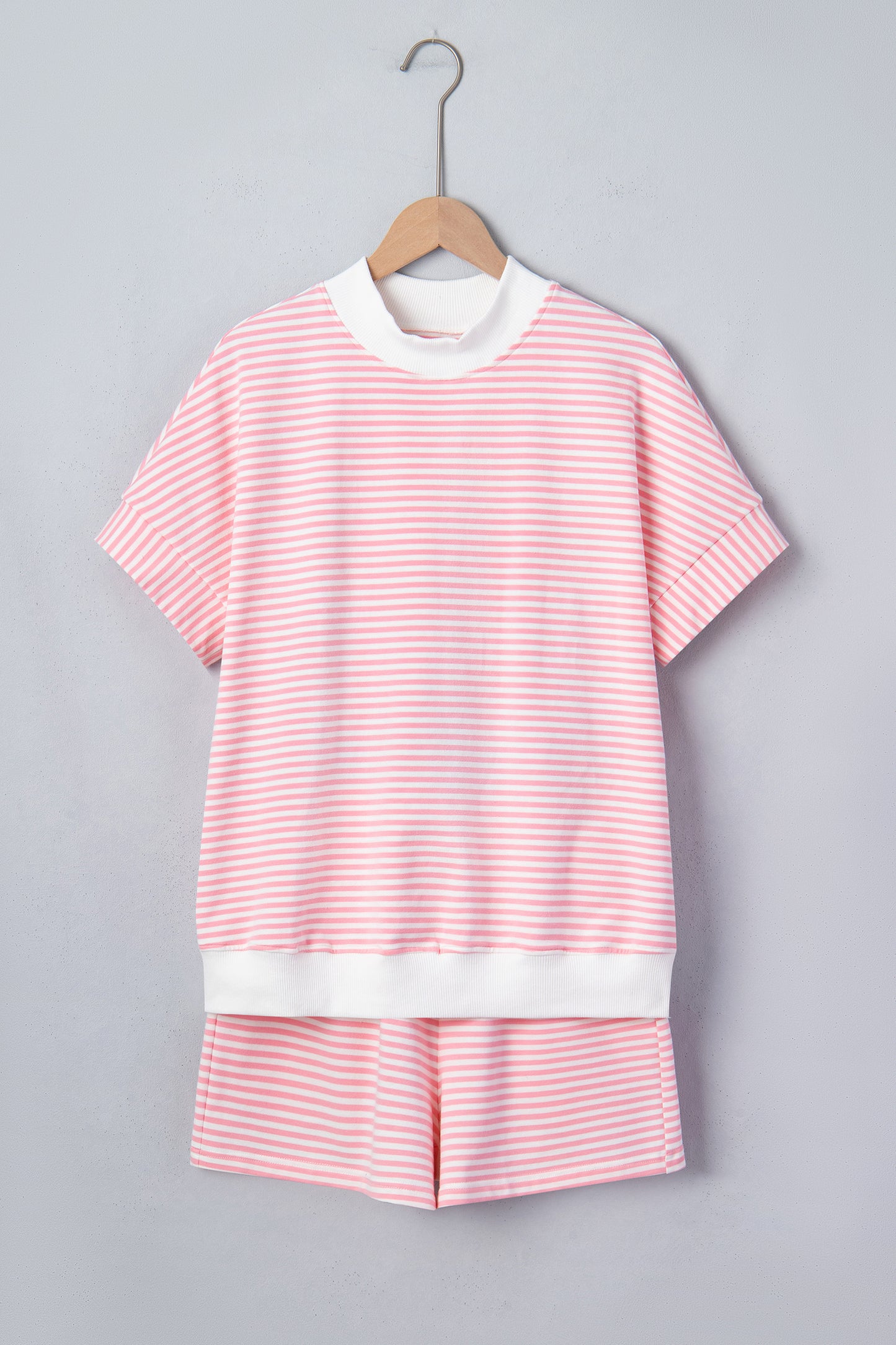 Stripe Cuffed Sleeve Contrast Mock Neck Tee Casual 2pcs Short Set (Other Colors)