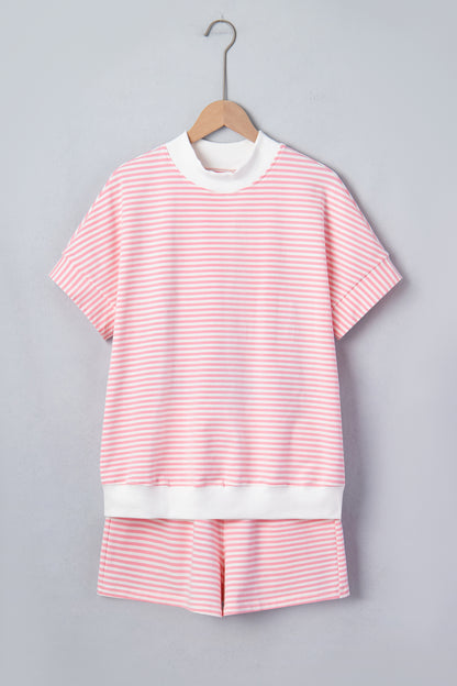 Stripe Cuffed Sleeve Contrast Mock Neck Tee Casual 2pcs Short Set (Other Colors)