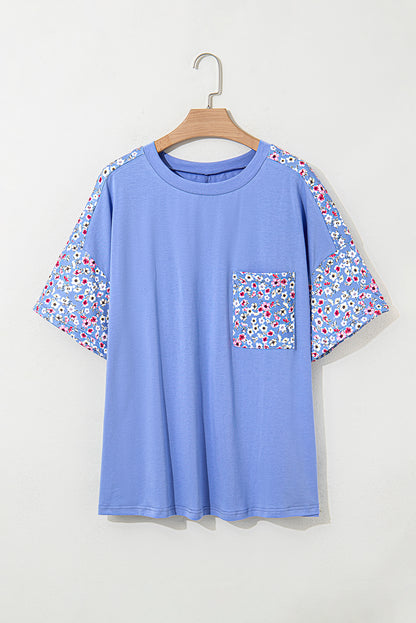 Sky Blue Floral Patchwork Chest Pocket Crewneck T Shirt