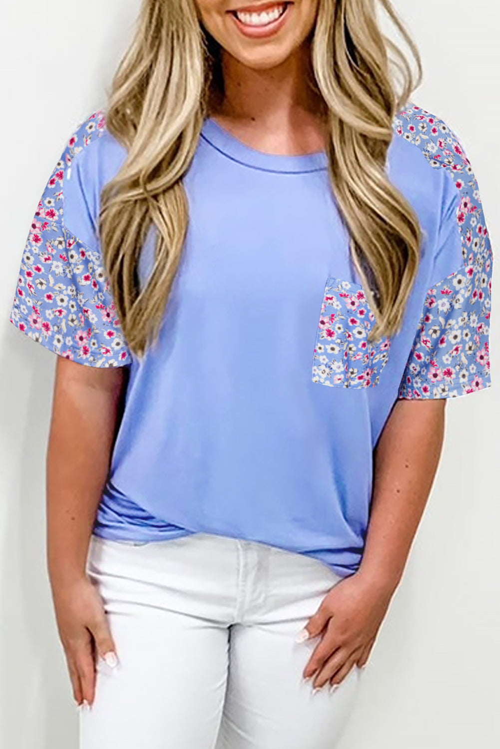 Sky Blue Floral Patchwork Chest Pocket Crewneck T Shirt
