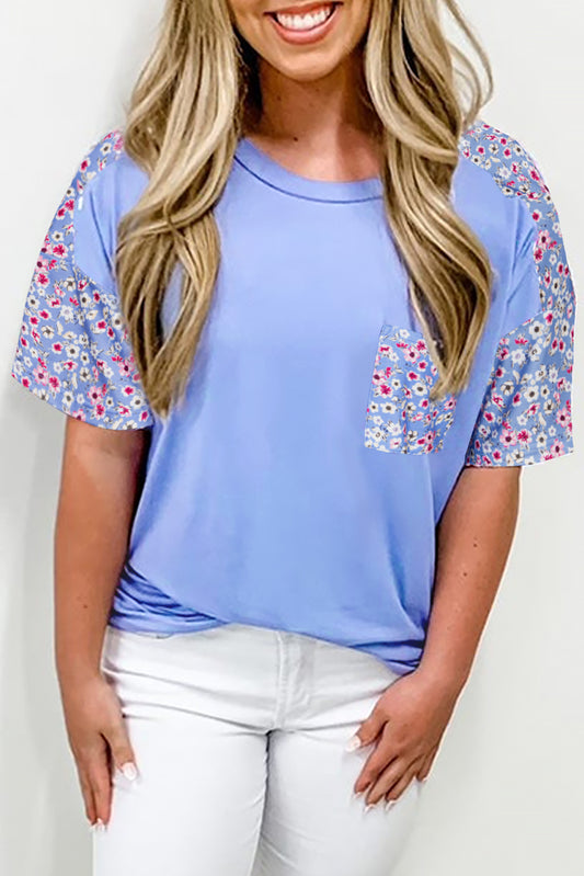 Sky Blue Floral Patchwork Chest Pocket Crewneck T Shirt